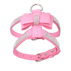 Pet Harness Leash With Rhinestone Bling Crystal Adjustable Chest Strap Soft Suede Bow Leather High Quality Drop Shipping