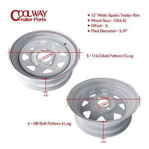 13 Inch X 4.5J White Spoke Trailer Rim 4-100 and 5 -114.3 Car Bolt Pattern Caravan Boat RV Parts Accessories