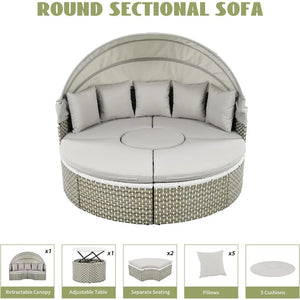 Garden Furniture Sets, Patio Daybed Sunbed, Rattan Round Lounge with Retractable Canopy, Lift Coffee Table, Furniture Sets