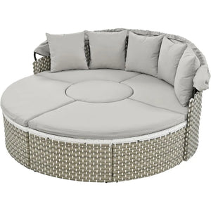 Garden Furniture Sets, Patio Daybed Sunbed, Rattan Round Lounge with Retractable Canopy, Lift Coffee Table, Furniture Sets