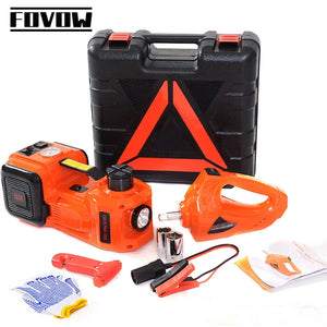 FOVOW 3 in 1 Electric Hydraulic Car Jack Kit 12V 5Ton Electric Jack With Impact Wrench Tire Inflator Repair Lift Tool