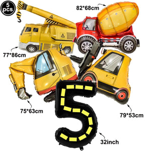 5pcs Construction Party Balloon 32'' Forklift Excavator Truck Balloon 1-9 Digital Foil Balloon Boy Construction Birthday Decors