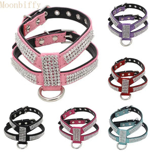 Dog Collar pet chest strap Adjustable Pet Products Necklace Dog Harness Leash Quick Release Bling K-shaped Rhinestone PU Leather