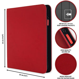 Premium Zip Binder - 12 Pocket Trading Card Album Folder - 480 Side Loading Pocket Binder for TCG MTG PKM YUGIOH (Red)