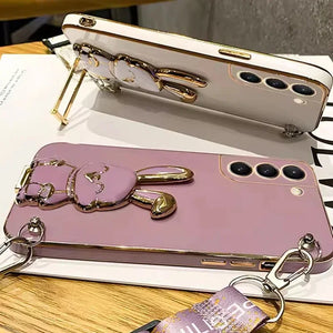 Crossbody Lanyard Rabbit luggage bracket Plating Case for Samsung Galaxy A15 A05 A05S 5G Cover