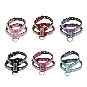 Dog Collar pet chest strap Adjustable Pet Products Necklace Dog Harness Leash Quick Release Bling K-shaped Rhinestone PU Leather