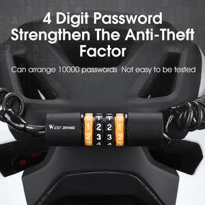 WEST BIKING Portable Bicycle Lock Password Rope Helmet Lock Bicycle Safety Lock Steel Wire Lock Mountain Bike Backpack Lock Zinc