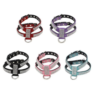 Dog Collar pet chest strap Adjustable Pet Products Necklace Dog Harness Leash Quick Release Bling K-shaped Rhinestone PU Leather