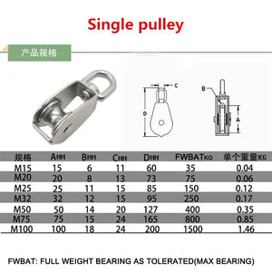 1PCS 304 Stainless Steel Pulley Marine Traction Single Lifting Pulley Blocks Material Handling Tools M15/20/25/32/50/75