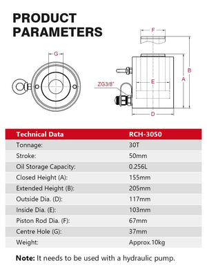 Hydraulic Hollow Plunger Jack 30ton 50mm Hollow Plunger Ram Hydraulic Hollow Cylinder RCH-3050 Hydraulic Lifting Maintenance