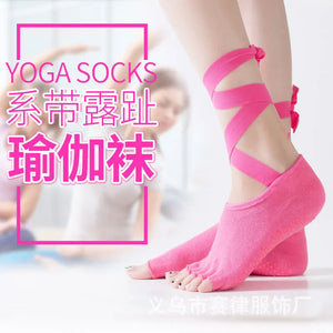 Women Yoga Socks Cotton Non-slip Silicone Dance Sport Socks Ballet Pilates Grip Socks High Strap Five Socks Toes Full Toe Socks