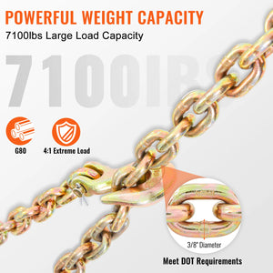 VEVOR Transport Binder Chain, 4900/7100 lbs Working Load Limit, 3/8'' x 20' 5/16'' x 20' G80 Tow Chain Tie Down with Grab Hooks