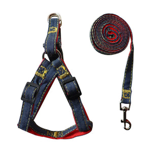 Denim Dog Collar Harness Set, Pet Accessories, Puppy and Cat Collar, Chest Strap, Pug Vest, Outdoor Walking Lead Leash