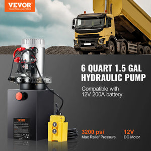 VEVOR Hydraulic Pump 6 Quart Hydraulic Power Unit Double Acting Dump Trailer Pump 3200 PSI Max Relief Pressure Car Lifting