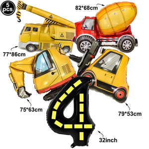 5pcs Construction Party Balloon 32'' Forklift Excavator Truck Balloon 1-9 Digital Foil Balloon Boy Construction Birthday Decors