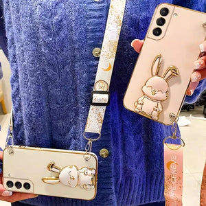 Crossbody Lanyard Rabbit luggage bracket Plating Case for Samsung Galaxy A15 A05 A05S 5G Cover