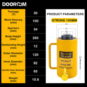 DOOROOM 30T Hollow Plunger Hydraulic Cylinder RCH-20 30TSingle Acting Ram Cylinder 100mm Heavy Duty Lifting Tool Multifunctional