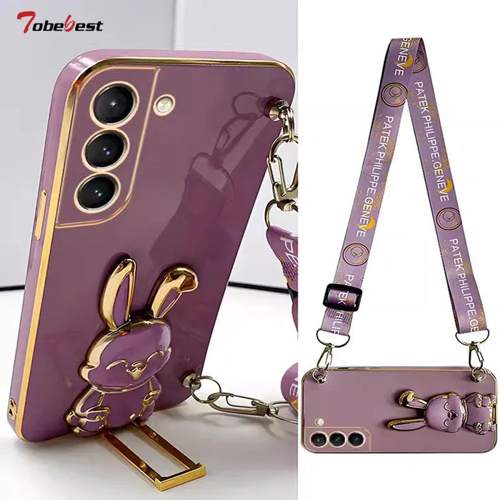 Crossbody Lanyard Rabbit luggage bracket Plating Case for Samsung Galaxy A15 A05 A05S 5G Cover