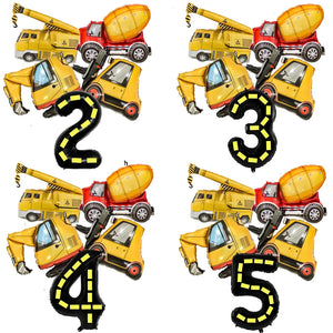 5pcs Construction Party Balloon 32'' Forklift Excavator Truck Balloon 1-9 Digital Foil Balloon Boy Construction Birthday Decors