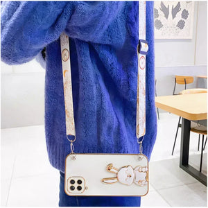 Crossbody Lanyard Rabbit luggage bracket Plating Case for Samsung Galaxy A12 A22 A32 A42 A52 A52S A72 A82 4G 5G Cover