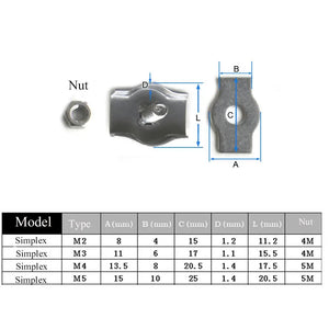 5Pcs M2-M5 Stainless Steel Simplex 1/2-Post Bolt Clip Wire Rope Cable Clamp Caliper Rope Simple Grip Thimbles Stainless Steel